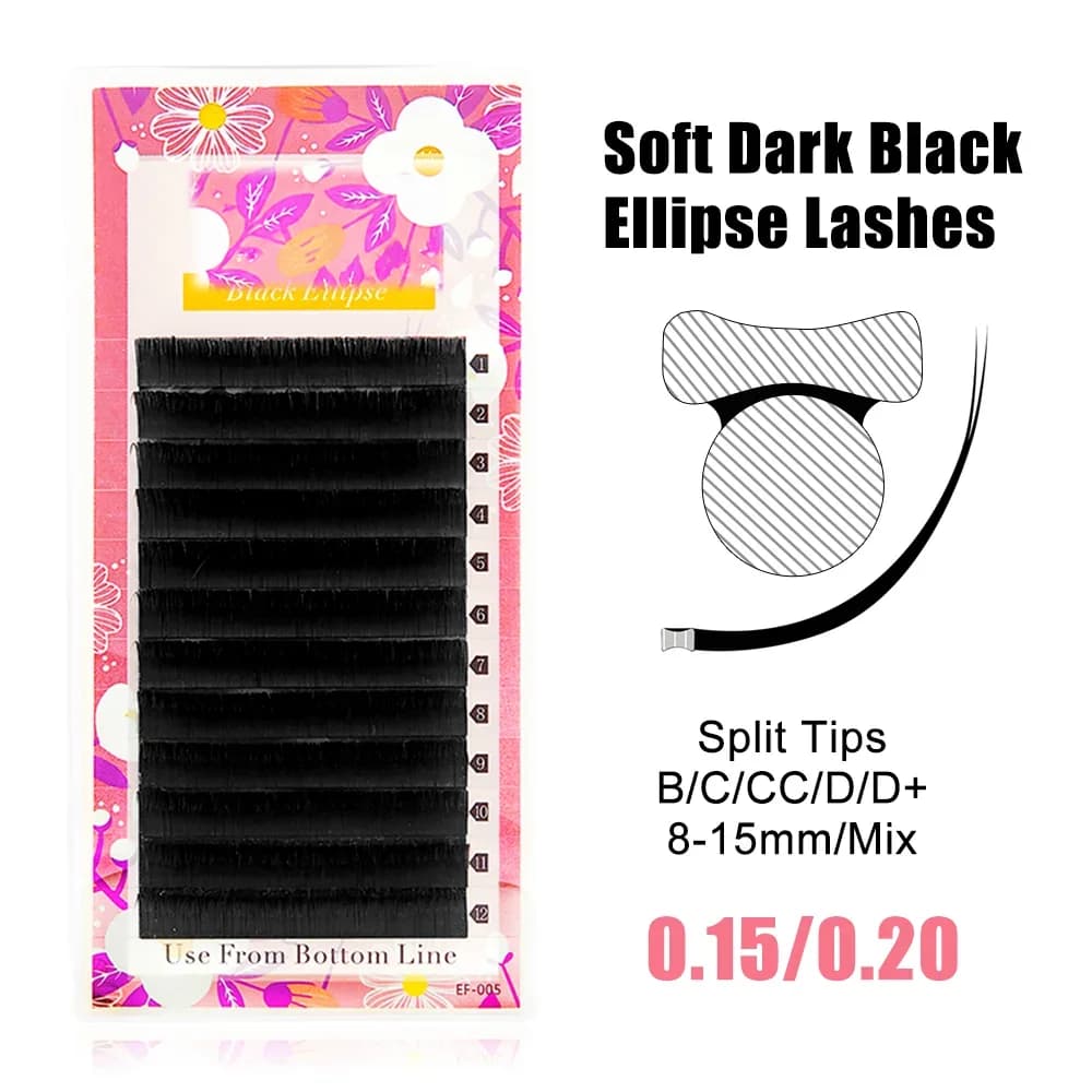 Ellipse flat delt spiss svart vippeextension 0,15-0,20mm